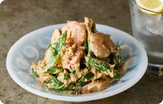 エビとスナップえんどうの味噌クリチー