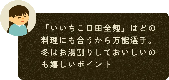 「いいちこ日田全麹」はどの料理にも合うから万能選手。冬はお湯割りしておいしいのも嬉しいポイント