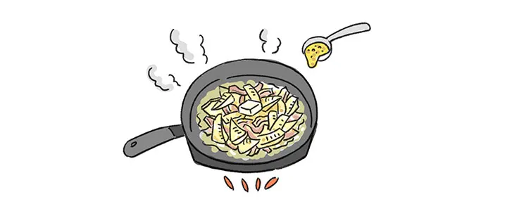 フライパンに植物油とベーコンを入れて中火にかけ、ベーコンから脂が出てきたら、たけのこ、塩を入れて両面をこんがりいため、Aを加えて全体に絡める。黒胡椒をふり皿に盛る。