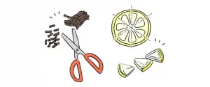 塩昆布はキッチンばさみで1cm長さに切る。レモンスライスは、くし形に6等分する