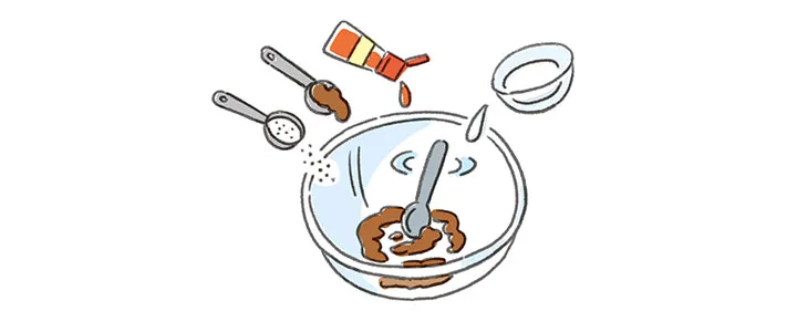 耐熱ボウルに味噌、砂糖、ラー油を入れてよく混ぜ、さらに水溶き片栗粉を入れてよく混ぜる。