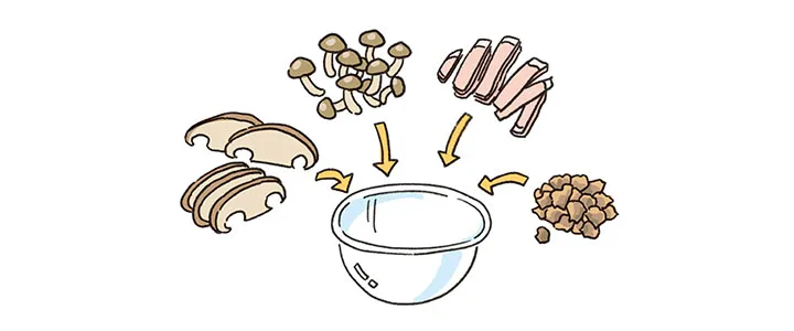 生しいたけは薄切りにし、しめじは子房に分ける。ハムは半分に切って５mm幅に切る。ザーサイは大きければ１cm角に切る。すべてを耐熱ボウルに入れる