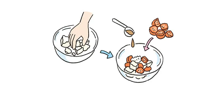 耐熱ボウルに豆腐を手でほぐして入れる。トマトのヘタを取り、ざく切りにして加え、＊の調味料も加えて全体をさくっと混ぜる