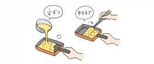 小さなフライパンか卵焼き器を中火にかけ、熱くなったら植物油をひき、①の卵液の１/４ほどを流し入れる。これを奥から手前に巻いて、再び奥に移し、さらに１/4の卵液を加えて奥から半分の位置まで巻く。