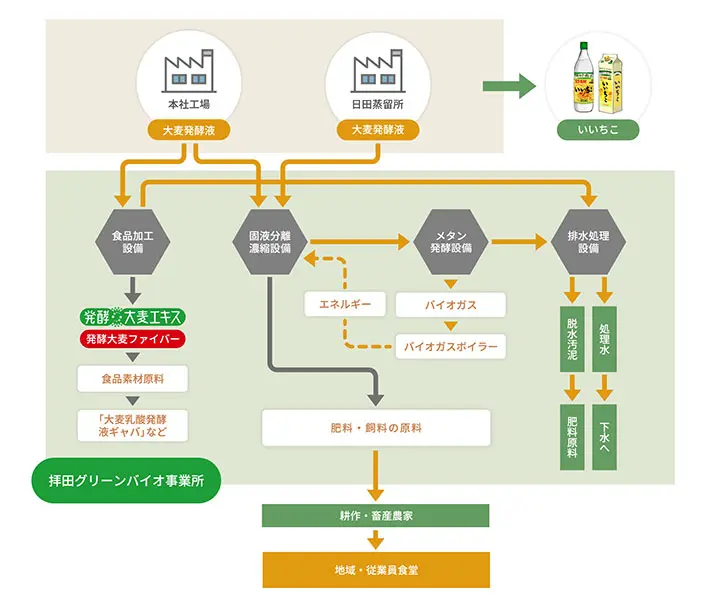 大麦発酵液加工工程と資源循環の流れ