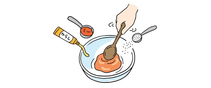 ＊（ケチャップ、からし、片栗粉）をボウルに入れ、混ぜ合わせる。