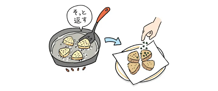 フッ素樹脂加工を施した小さめのフライパンに植物油をひき、中火にかけ、熱くなったら②をいれて揚げ焼きする。30秒ほどしたらフライ返しでそっと返して、また30秒ほど焼く。両面がほんのりきつね色になったら火を止めてフライパンからやさしく取り出して皿に盛り、パセリを散らす。