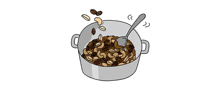 1が熱いうちにナッツを加えてからめる。