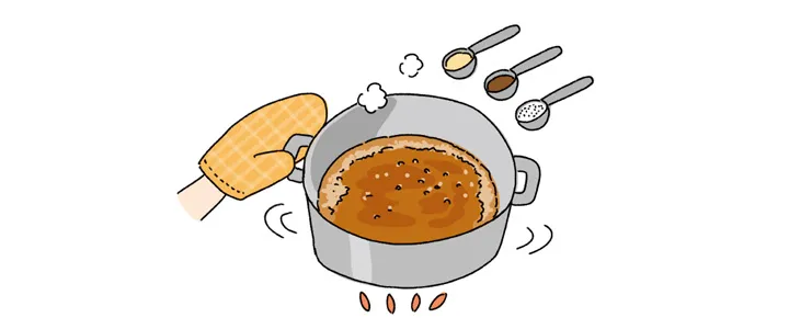 fingerfood251104_03 鍋に*を入れて中火にかけ、焦がさないように時々揺らしながら2分半加熱し、煮詰める。