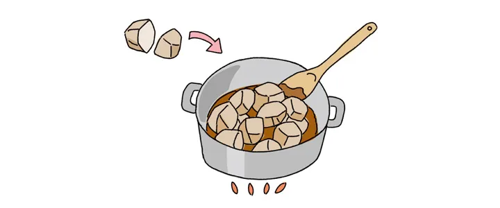 fingerfood251104_04 ゆで里芋を半分に切って1に加えて煮絡め、火を止めてそのまま少し冷ます。