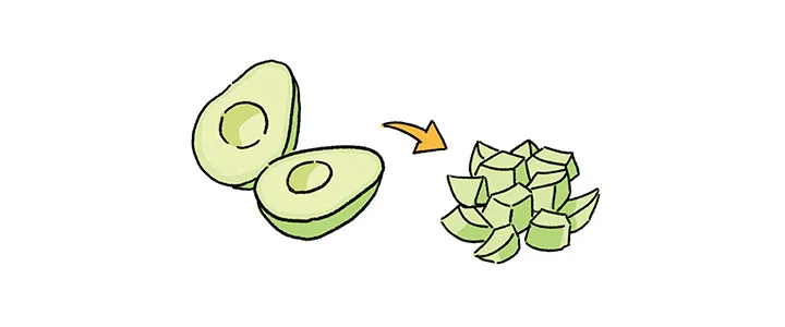 アボカドは種を取り、皮をむいて適当な大きさに切る。