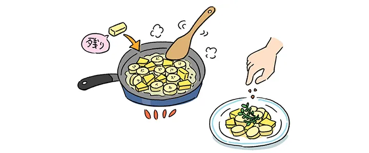 1とパイナップルを入れ、残りのバターも入れてからめるように火を入れる。キャラメル色になったら皿に盛り、お好みでタイムを飾り、砕いたアーモンドをふって完成。